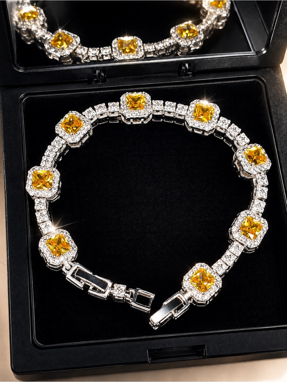 Yellow Gemstone Halo Tennis Necklace -